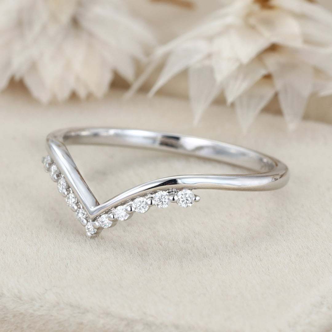 Vintage Diamondn Wedding Band Women Band 14K Solid Gold Unique Curved Wedding Ring Promise Ring
