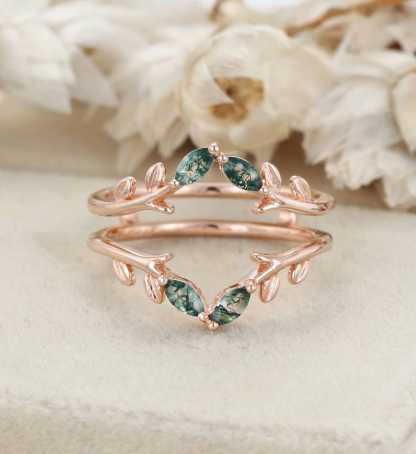 Vintage Double Curved Wedding Band Women Rose Gold Enhancer Ring Unique Marquise Moss Agate Matching Ring Jacket Antique Leaf Anniversary