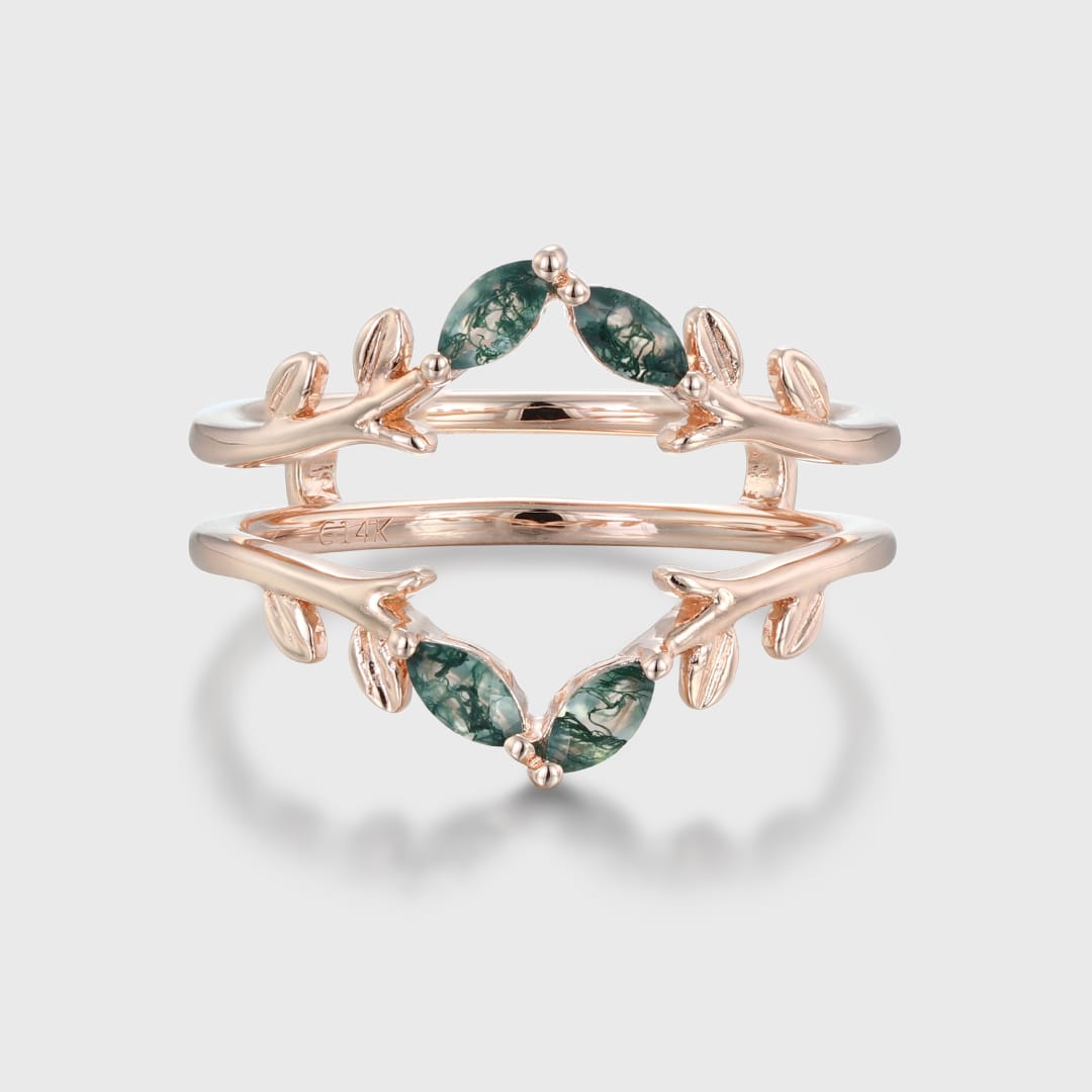 Vintage Double Curved Wedding Band Women Rose Gold Enhancer Ring Unique Marquise Moss Agate Matching Ring Jacket Antique Leaf Anniversary