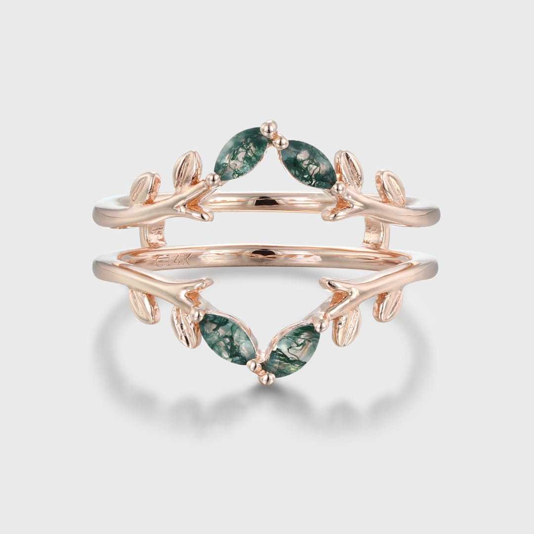 Vintage Double Curved Wedding Band Women Rose Gold Enhancer Ring Unique Marquise Moss Agate Matching Ring Jacket Antique Leaf Anniversary