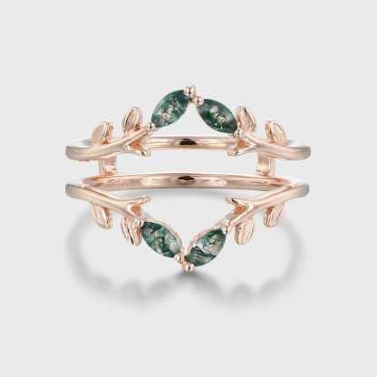 Vintage Double Curved Wedding Band Women Rose Gold Enhancer Ring Unique Marquise Moss Agate Matching Ring Jacket Antique Leaf Anniversary