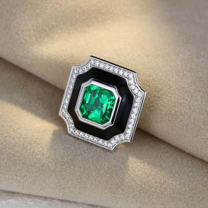 Vintage Emerald Brooch Octagon Shape Enameled Pedant Pins 14K White Gold Multi Halo Beautiful Brooch