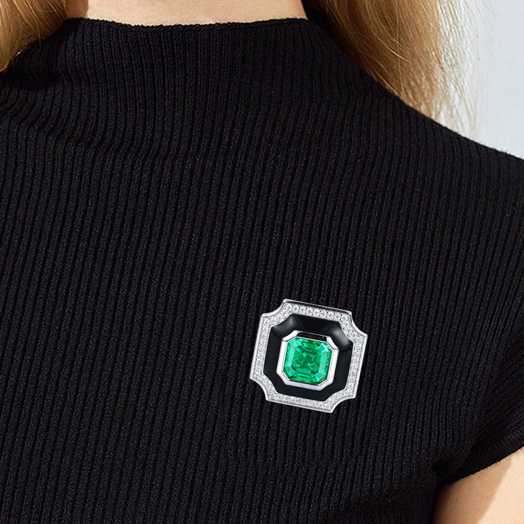 Vintage Emerald Brooch Octagon Shape Enameled Pedant Pins 14K White Gold Multi Halo Beautiful Brooch