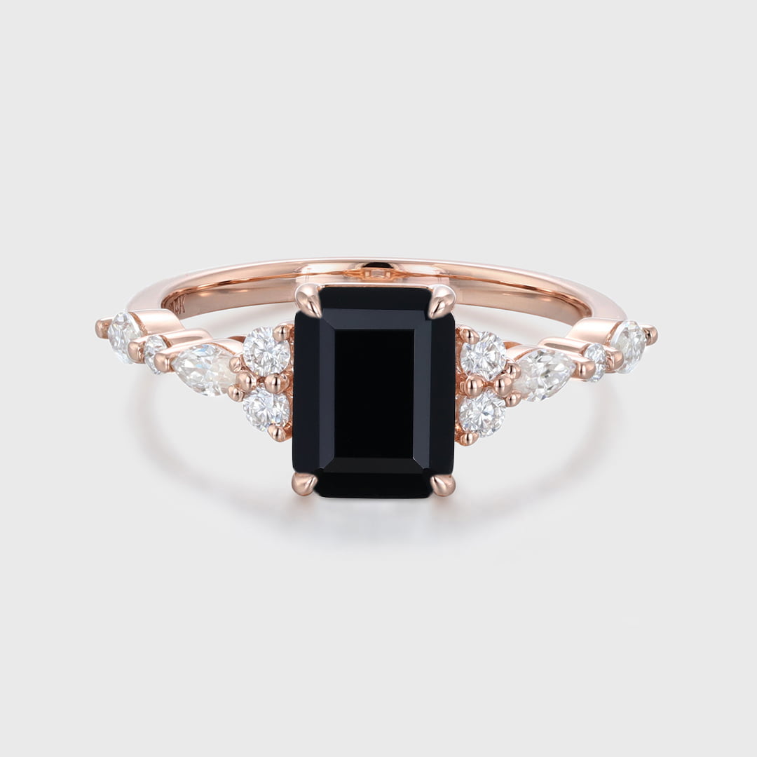 Vintage Emerald Cut Black Onyx Engagement Ring Unique Rose Gold Marquise Diamond Cluster Ring Art Deco Promise Anniversary Ring
