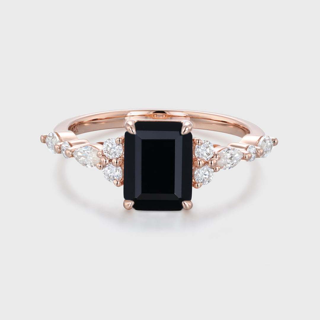 Vintage Emerald Cut Black Onyx Engagement Ring Unique Rose Gold Marquise Diamond Cluster Ring Art Deco Promise Anniversary Ring