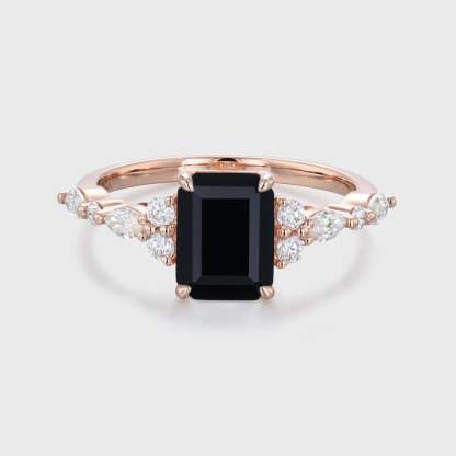 Vintage Emerald Cut Black Onyx Engagement Ring Unique Rose Gold Marquise Diamond Cluster Ring Art Deco Promise Anniversary Ring