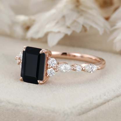 Vintage Emerald Cut Black Onyx Engagement Ring Unique Rose Gold Marquise Diamond Cluster Ring Art Deco Promise Anniversary Ring