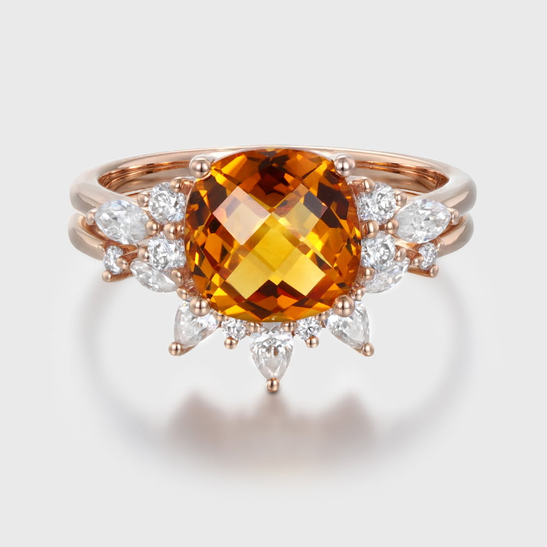 Vintage Fat Square Citrine Engagement Ring Set Unique 14K Rose Gold Diamond Engagement Ring Curved Bridal Wedding Band Anniversary Gift