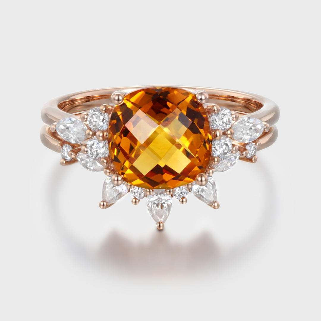 Vintage Fat Square Citrine Engagement Ring Set Unique 14K Rose Gold Diamond Engagement Ring Curved Bridal Wedding Band Anniversary Gift
