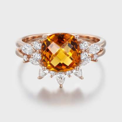 Vintage Fat Square Citrine Engagement Ring Set Unique 14K Rose Gold Diamond Engagement Ring Curved Bridal Wedding Band Anniversary Gift
