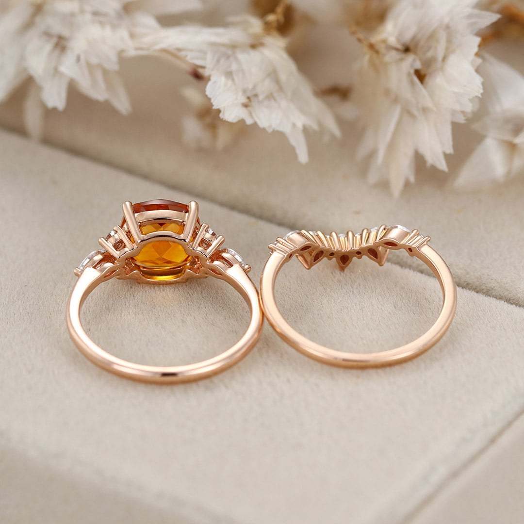 Vintage Fat Square Citrine Engagement Ring Set Unique 14K Rose Gold Diamond Engagement Ring Curved Bridal Wedding Band Anniversary Gift