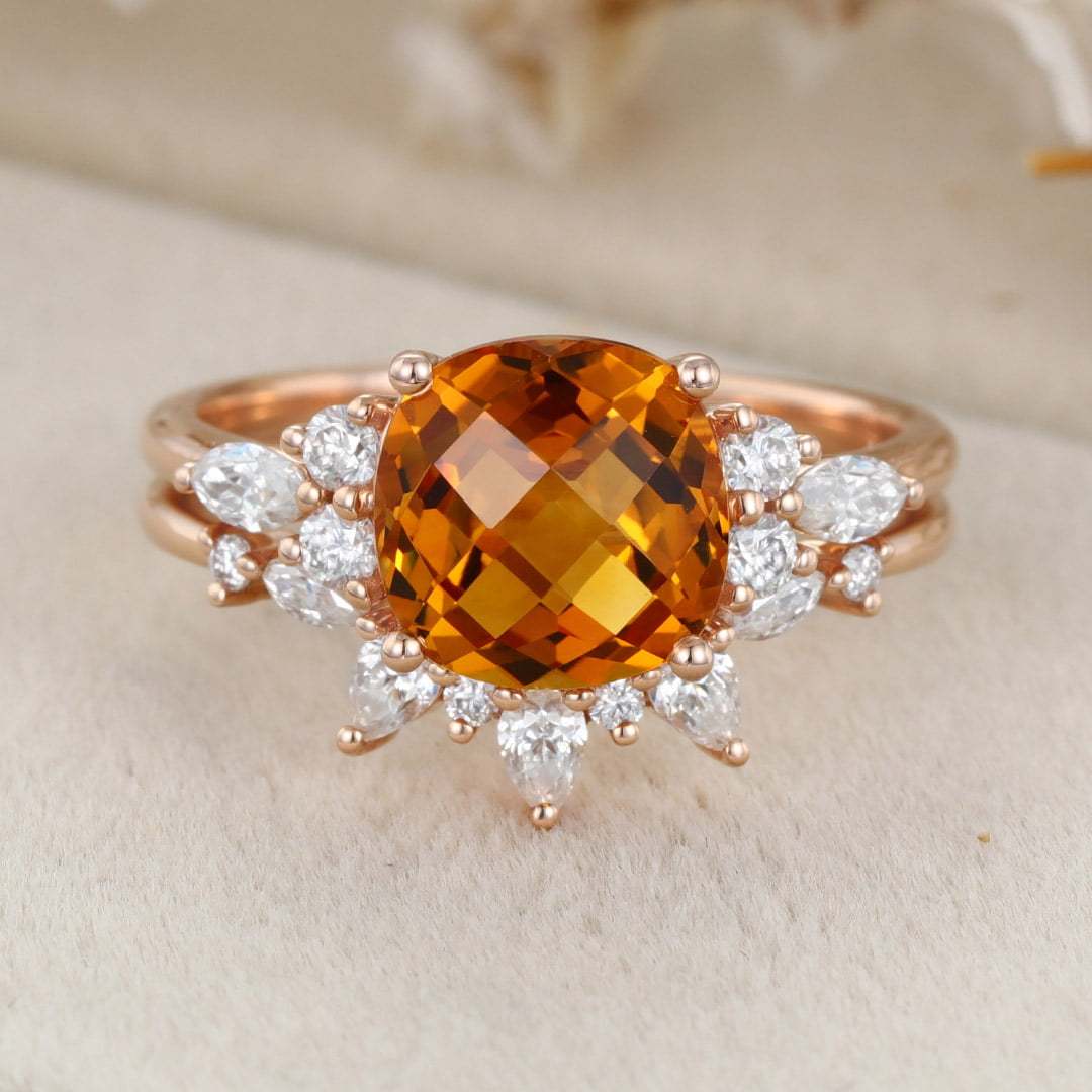 Vintage Fat Square Citrine Engagement Ring Set Unique 14K Rose Gold Diamond Engagement Ring Curved Bridal Wedding Band Anniversary Gift