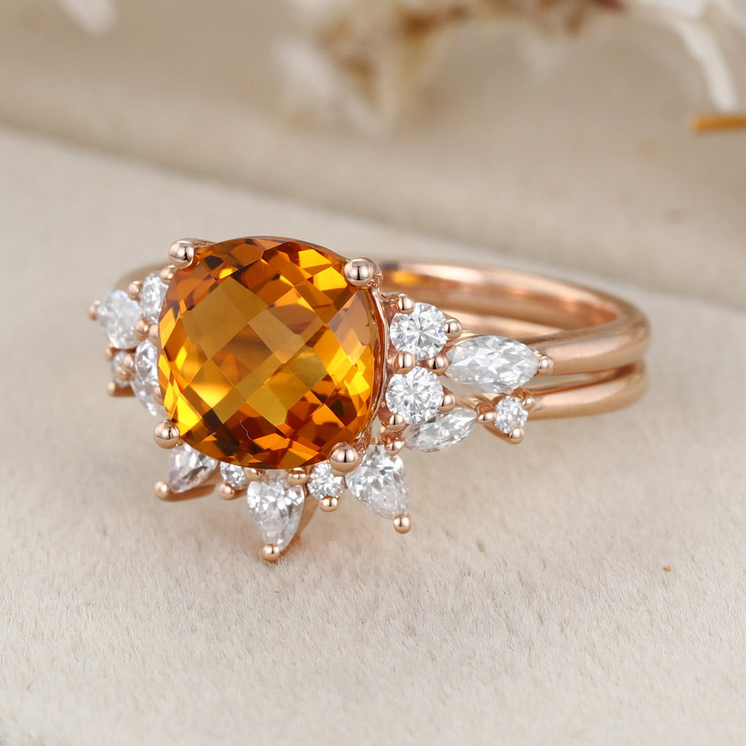 Vintage Fat Square Citrine Engagement Ring Set Unique 14K Rose Gold Diamond Engagement Ring Curved Bridal Wedding Band Anniversary Gift