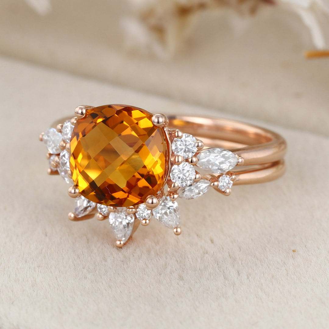 Vintage Fat Square Citrine Engagement Ring Set Unique 14K Rose Gold Diamond Engagement Ring Curved Bridal Wedding Band Anniversary Gift