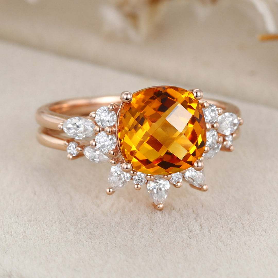 Vintage Fat Square Citrine Engagement Ring Set Unique 14K Rose Gold Diamond Engagement Ring Curved Bridal Wedding Band Anniversary Gift