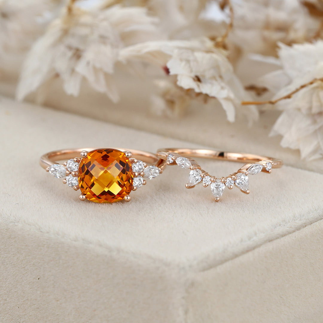 Vintage Fat Square Citrine Engagement Ring Set Unique 14K Rose Gold Diamond Engagement Ring Curved Bridal Wedding Band Anniversary Gift