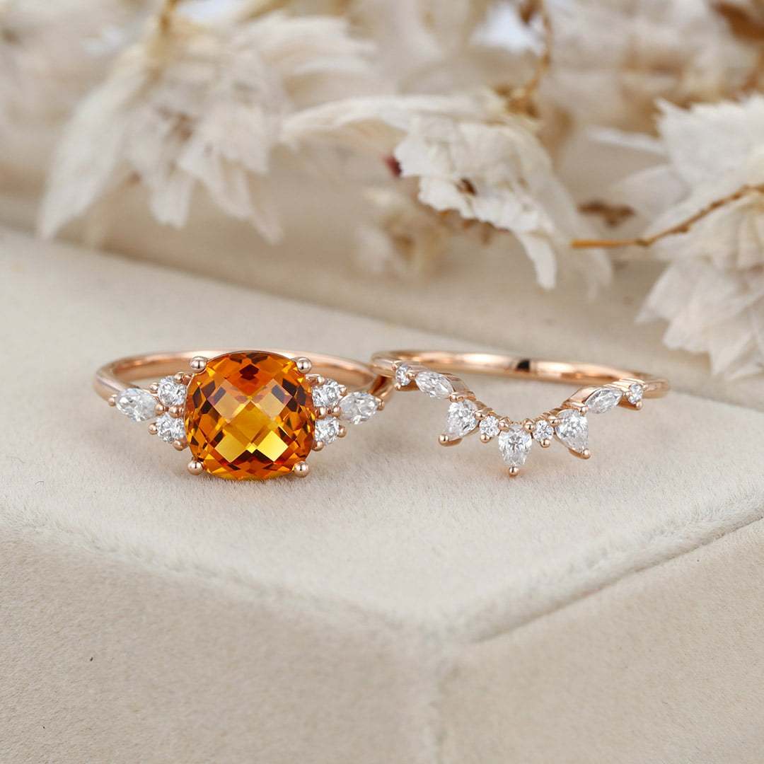 Vintage Fat Square Citrine Engagement Ring Set Unique 14K Rose Gold Diamond Engagement Ring Curved Bridal Wedding Band Anniversary Gift