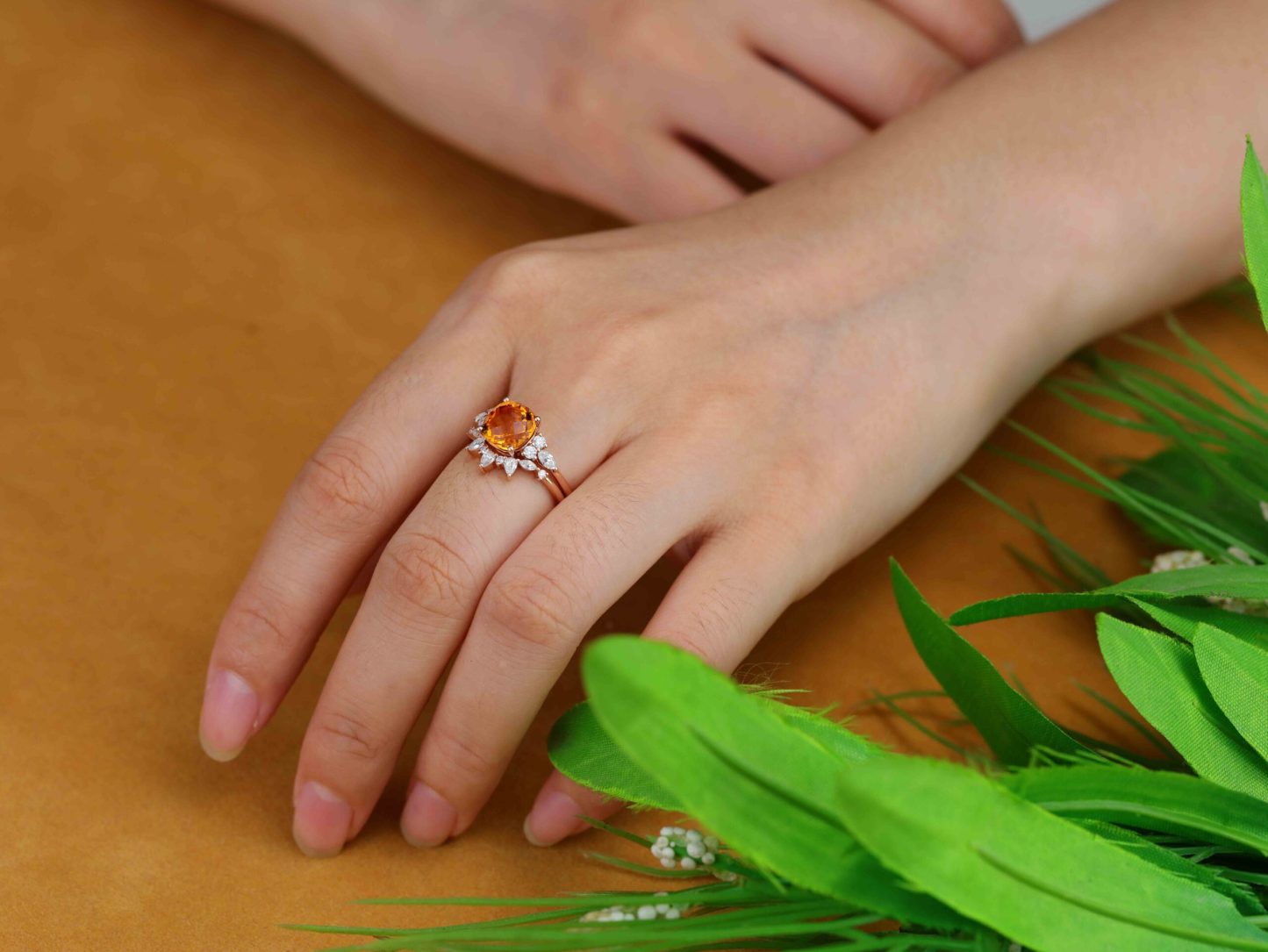 Vintage Fat Square Citrine Engagement Ring Set Unique 14K Rose Gold Diamond Engagement Ring Curved Bridal Wedding Band Anniversary Gift