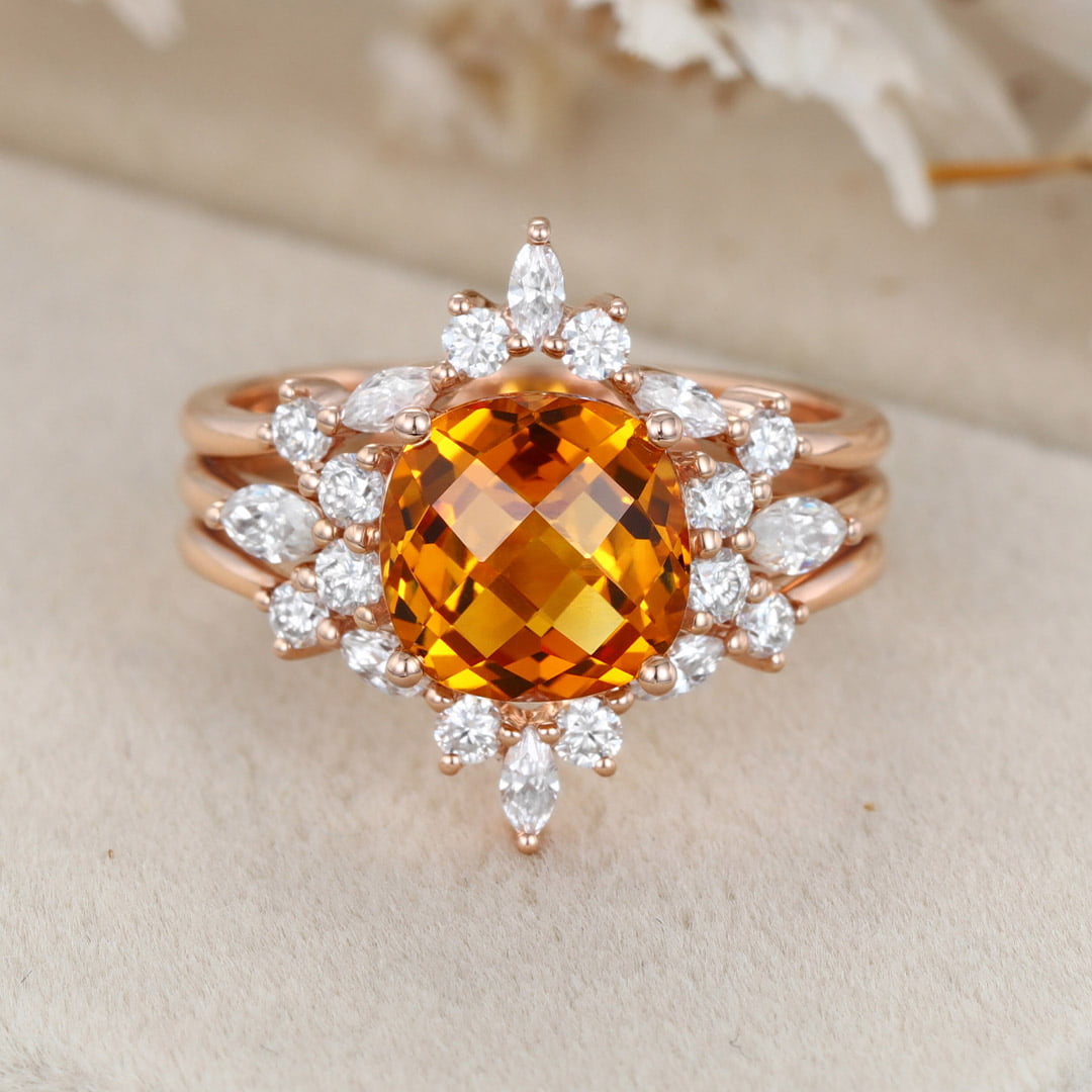 Vintage Fat square Citrine engagement ring set Unique rose gold diamond engagement ring enhancer ring bridal wedding band Anniversary gift