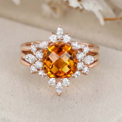 Vintage Fat square Citrine engagement ring set Unique rose gold diamond engagement ring enhancer ring bridal wedding band Anniversary gift