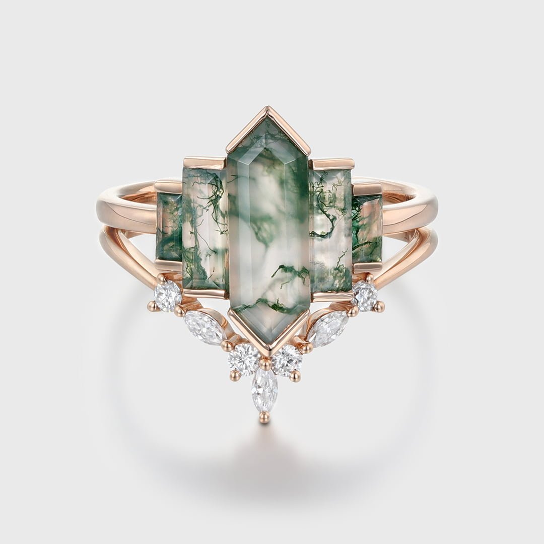 Vintage Hexagon Natural Moss Agate Engagement Ring Set Unique 14K Rose Gold Cluster Baguette Engagement Ring Bezel Set Art Deco Ring Bridal