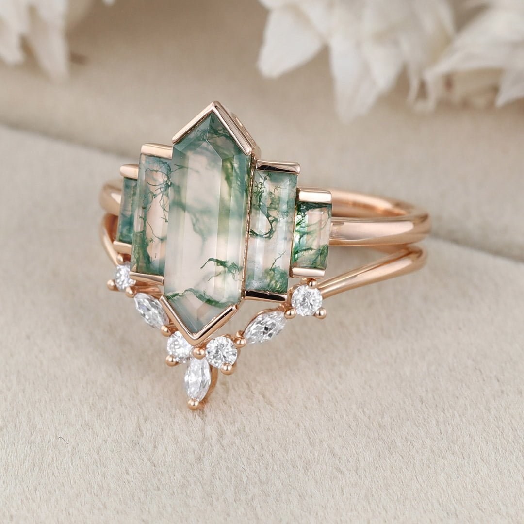 Vintage Hexagon Natural Moss Agate Engagement Ring Set Unique 14K Rose Gold Cluster Baguette Engagement Ring Bezel Set Art Deco Ring Bridal