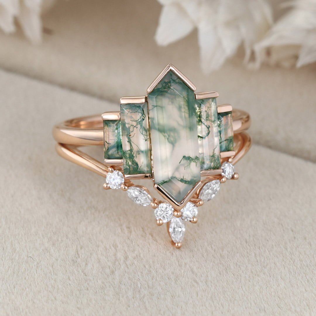 Vintage Hexagon Natural Moss Agate Engagement Ring Set Unique 14K Rose Gold Cluster Baguette Engagement Ring Bezel Set Art Deco Ring Bridal