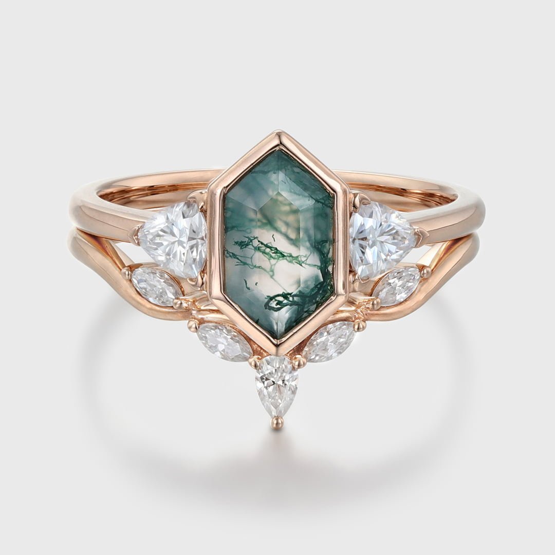 Vintage Hexagon cut moss agate engagement ring set unique Rose gold round moissanite diamond curved wedding band Promise Anniversary gift