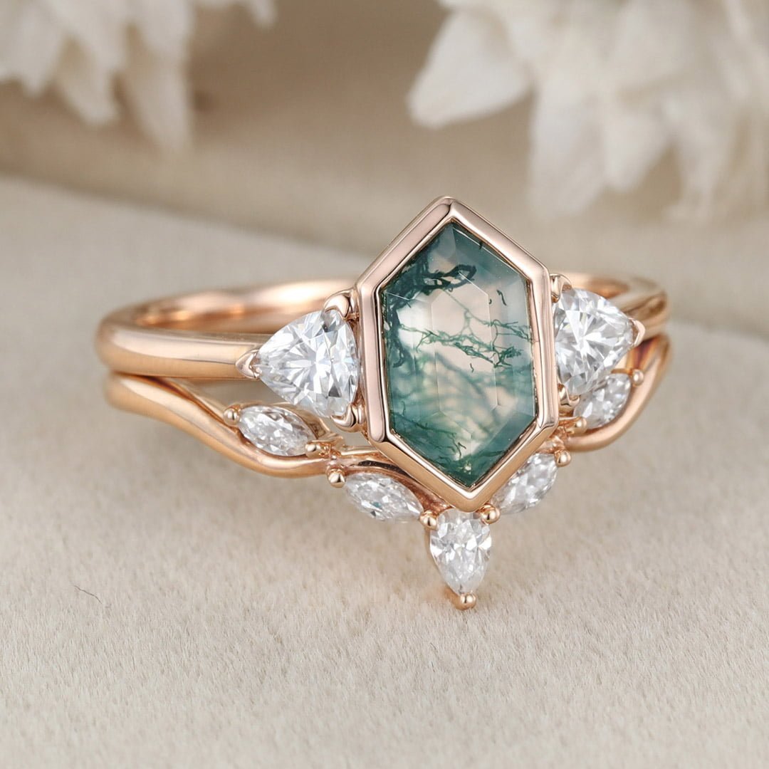Vintage Hexagon cut moss agate engagement ring set unique Rose gold round moissanite diamond curved wedding band Promise Anniversary gift