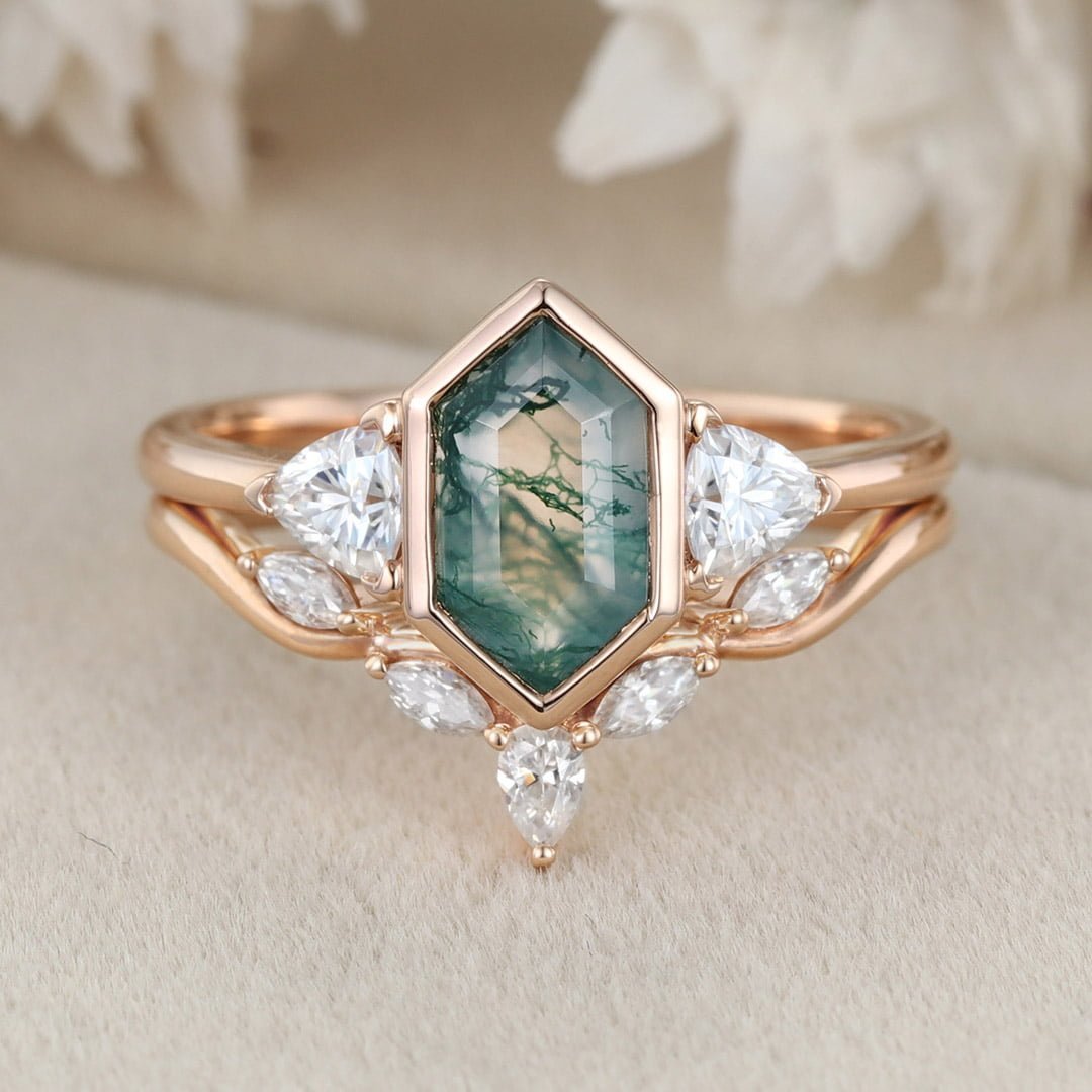 Vintage Hexagon cut moss agate engagement ring set unique Rose gold round moissanite diamond curved wedding band Promise Anniversary gift