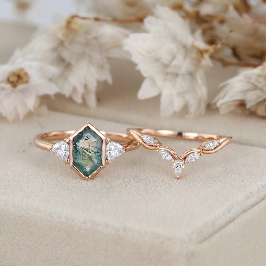 Vintage Hexagon cut moss agate engagement ring set unique Rose gold round moissanite diamond curved wedding band Promise Anniversary gift