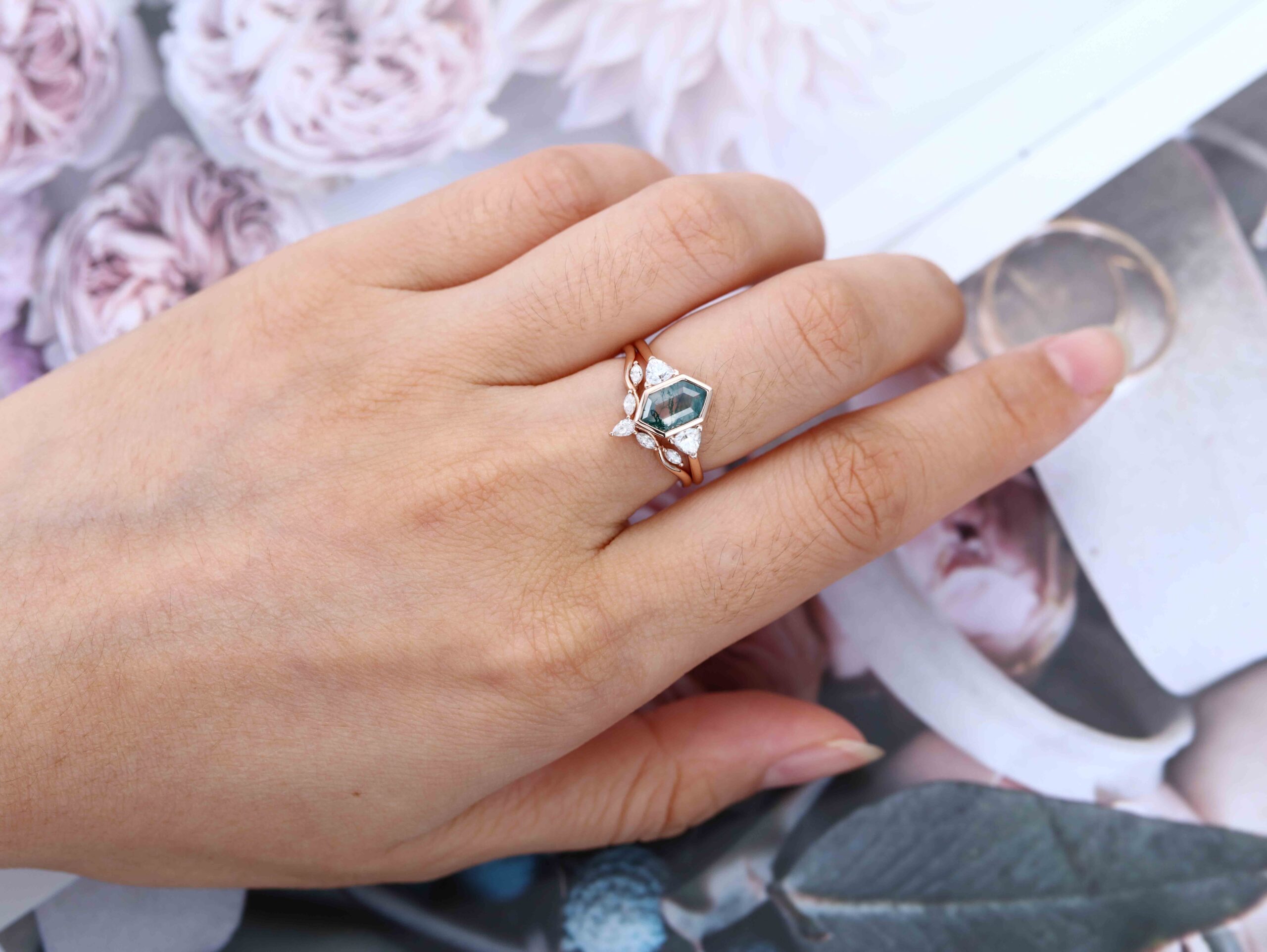 Vintage Hexagon cut moss agate engagement ring set unique Rose gold round moissanite diamond curved wedding band Promise Anniversary gift