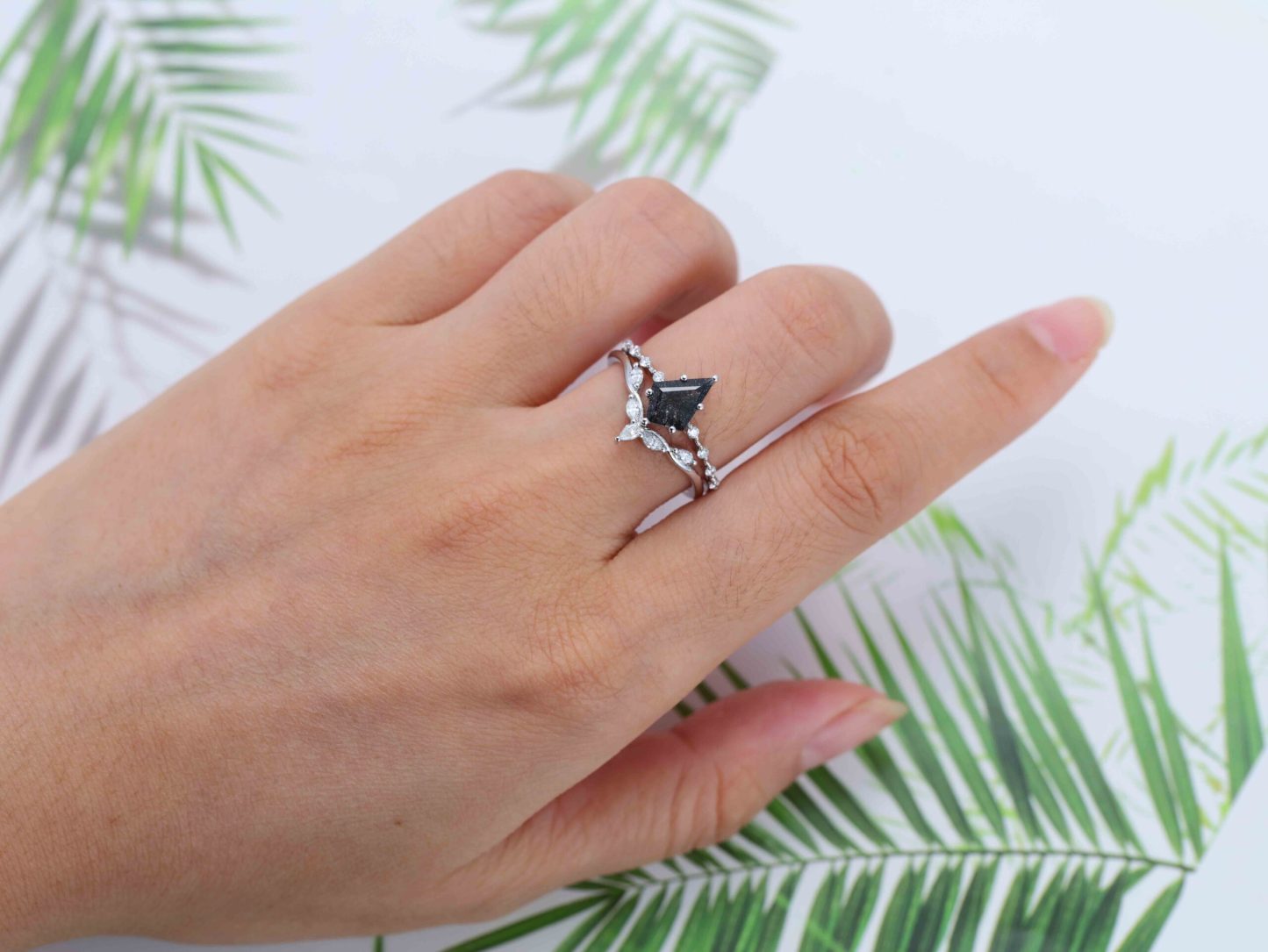 Vintage Kite Black Quartz Rutilated Engagement Ring Set White Gold Diamond Curved Wedding Ring