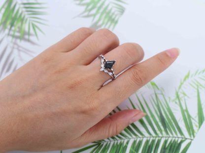Vintage Kite Black Quartz Rutilated Engagement Ring Set White Gold Diamond Curved Wedding Ring