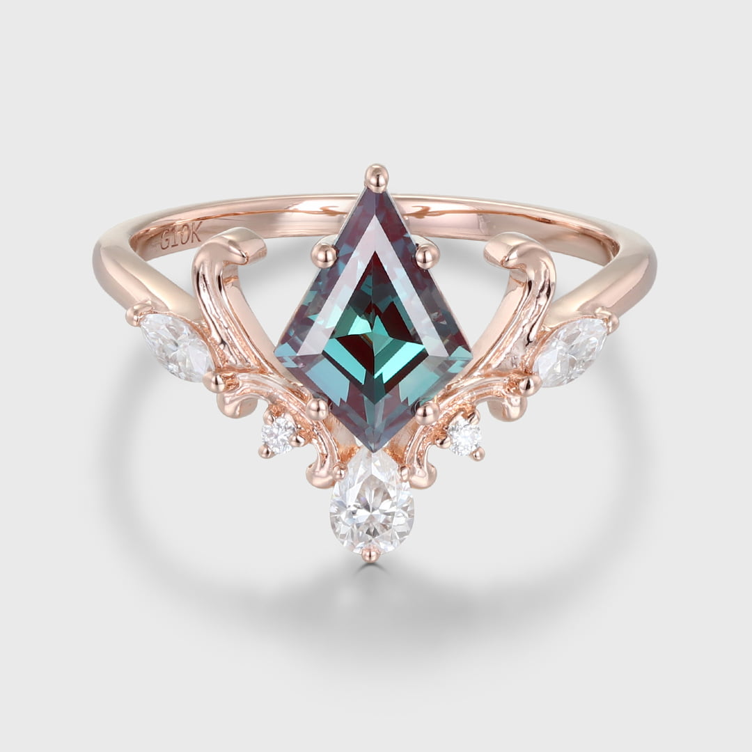 Vintage Kite Cut Alexandrite Engagement Ring Rose Gold Leaf Vine Marquise Cut Diamond Moissanite Ring Unique Bridal Wedding Ring For Women