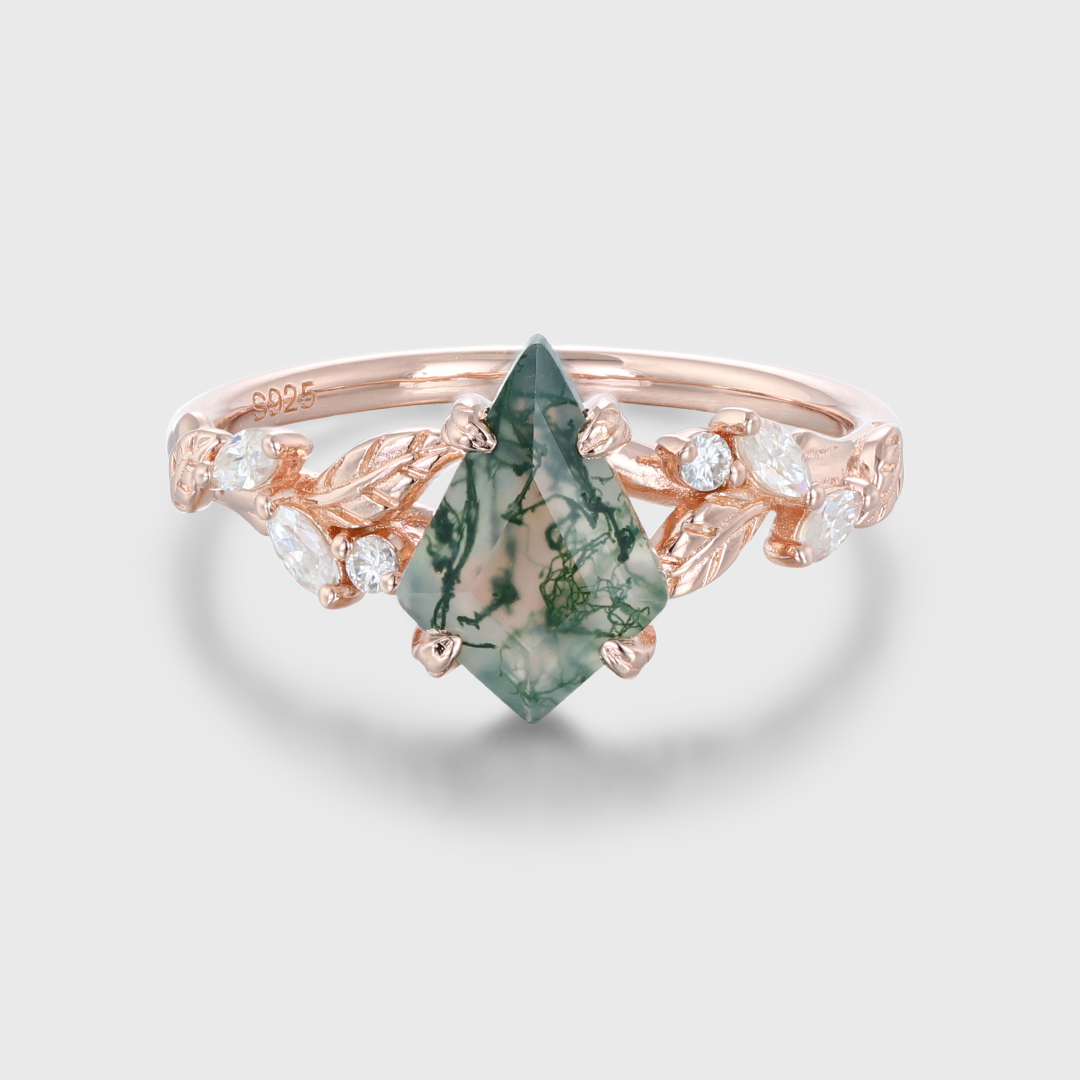 Vintage Kite Cut Moss Agate Engagement Ring in Rose Gold with Art Deco Leaf Cluster Design, Nature-Inspired Promise or Anniversary Gift