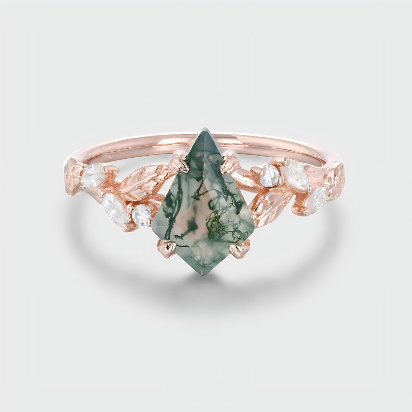 Kite Cut Moss Agate Engagement Ring, Art Deco Leaf Promise Ring, Nature-Inspired Rose Gold Cluster Ring, Unique Anniversary Gift