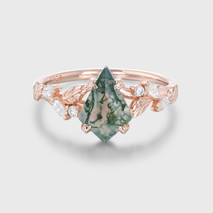 Vintage Kite Cut Moss Agate Engagement Ring in Rose Gold with Art Deco Leaf Cluster Design, Nature-Inspired Promise or Anniversary Gift