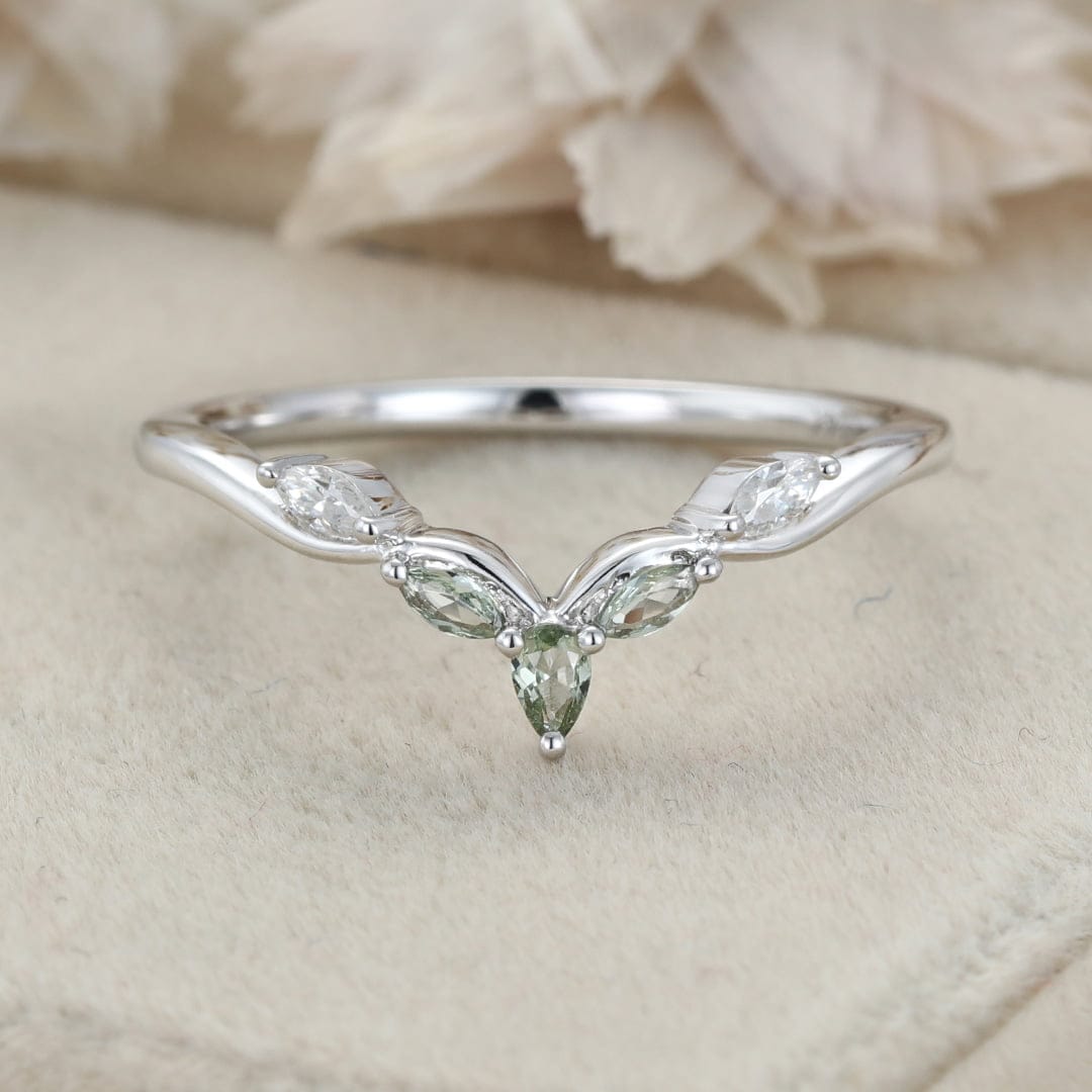 Vintage Lab Montana Sapphire Wedding Band Unique White Gold Wedding Bridal Ring Marquise Curved Wedding Ring Promise Ring