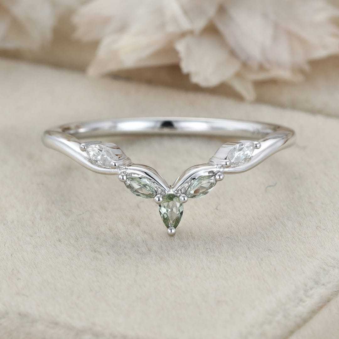 Vintage Lab Montana Sapphire Wedding Band Unique White Gold Wedding Bridal Ring Marquise Curved Wedding Ring Promise Ring
