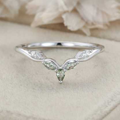 Vintage Lab Montana Sapphire Wedding Band Unique White Gold Wedding Bridal Ring Marquise Curved Wedding Ring Promise Ring