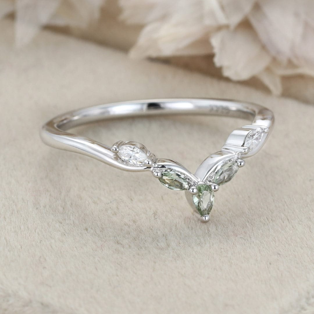 Vintage Lab Montana Sapphire Wedding Band Unique White Gold Wedding Bridal Ring Marquise Curved Wedding Ring Promise Ring