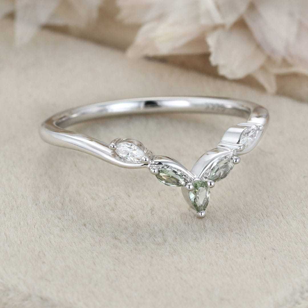 Vintage Lab Montana Sapphire Wedding Band Unique White Gold Wedding Bridal Ring Marquise Curved Wedding Ring Promise Ring