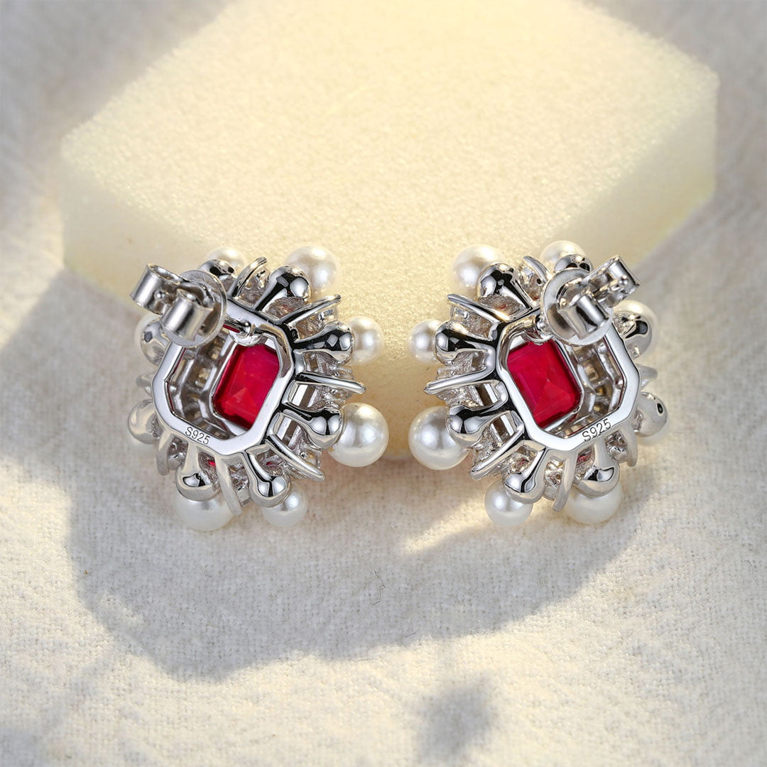 Vintage Lab Ruby Earrings Octagon Shape Earrings Pearl Halo 14K Solid Gold Earrings Unique Baguette Moissanite Earrings