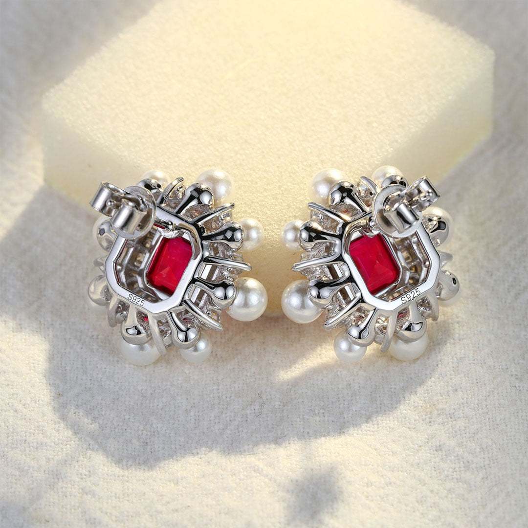 Vintage Lab Ruby Earrings Octagon Shape Earrings Pearl Halo 14K Solid Gold Earrings Unique Baguette Moissanite Earrings