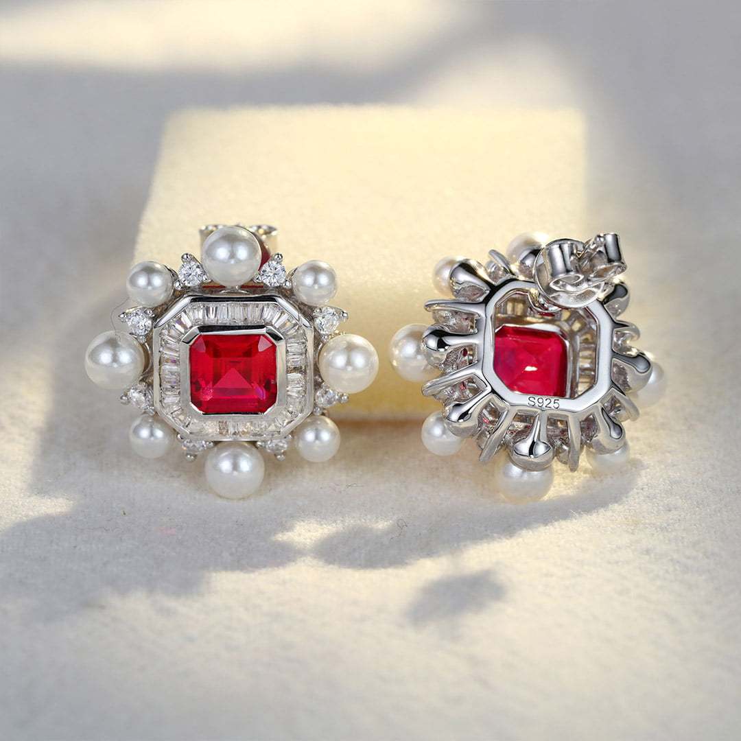 Vintage Lab Ruby Earrings Octagon Shape Earrings Pearl Halo 14K Solid Gold Earrings Unique Baguette Moissanite Earrings