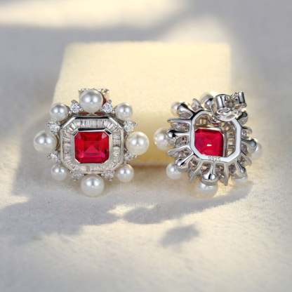 Vintage Lab Ruby Earrings Octagon Shape Earrings Pearl Halo 14K Solid Gold Earrings Unique Baguette Moissanite Earrings