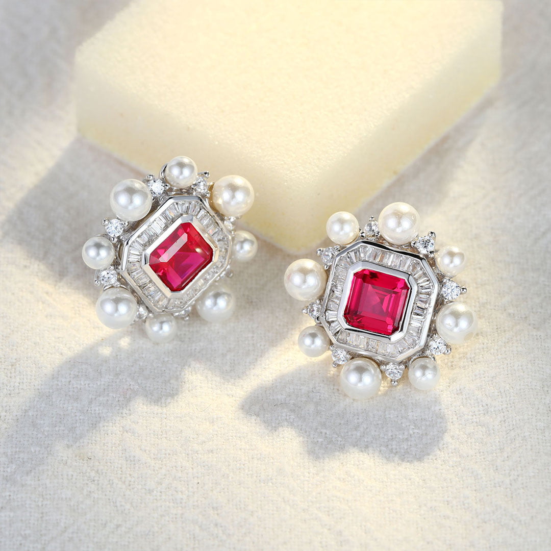 Vintage Lab Ruby Earrings Octagon Shape Earrings Pearl Halo 14K Solid Gold Earrings Unique Baguette Moissanite Earrings
