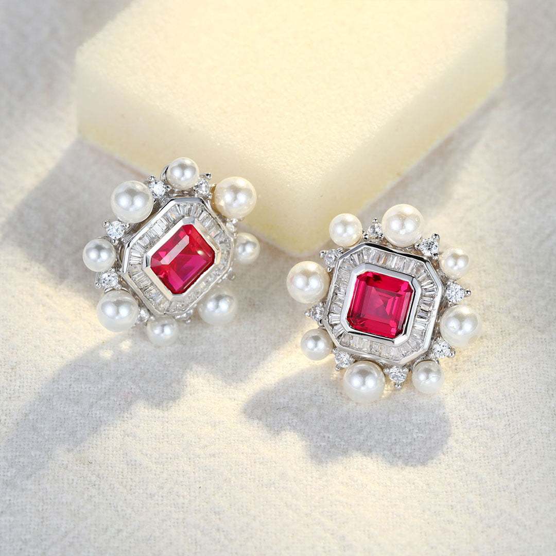 Vintage Lab Ruby Earrings Octagon Shape Earrings Pearl Halo 14K Solid Gold Earrings Unique Baguette Moissanite Earrings