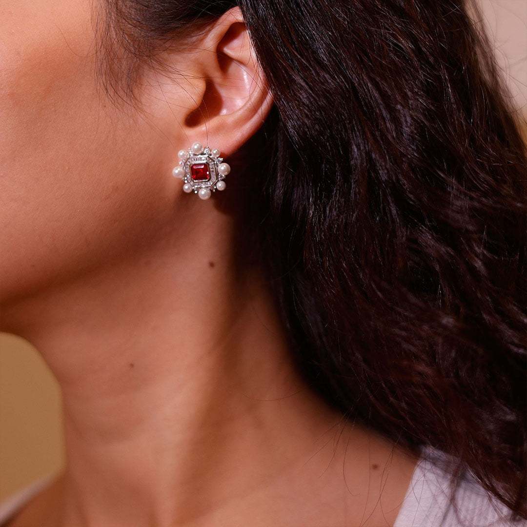 Vintage Lab Ruby Earrings Octagon Shape Earrings Pearl Halo 14K Solid Gold Earrings Unique Baguette Moissanite Earrings